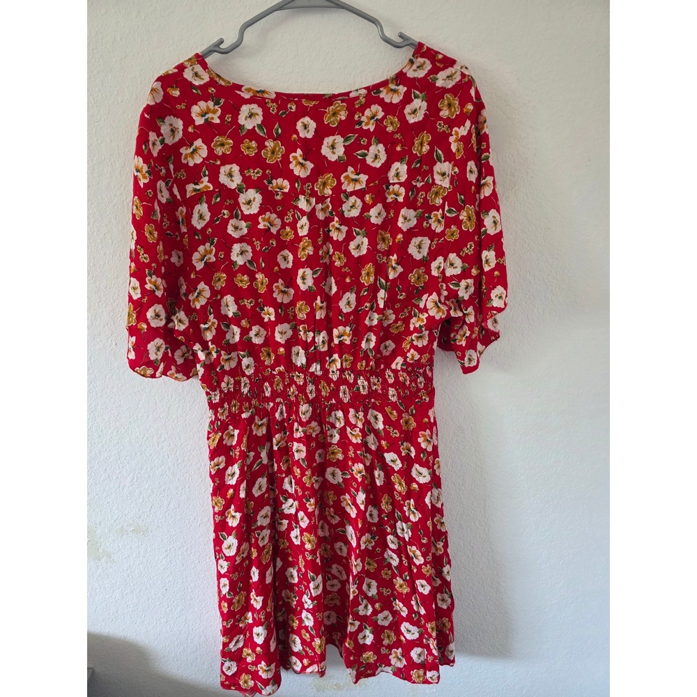 Just Found Red Floral V-Neck Smocked Waist Rayon Dress Plus Size 3X PDW5518 - Picture 3 of 5